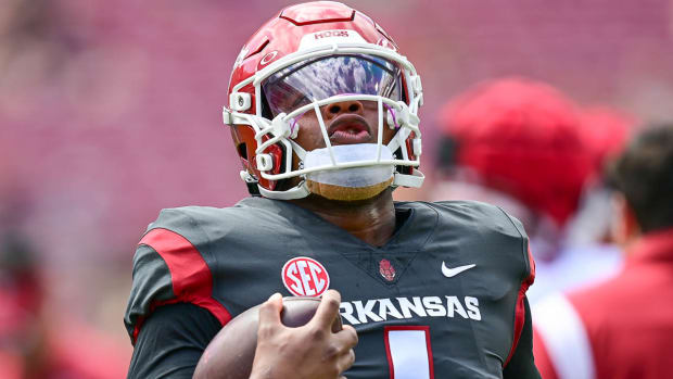 Razorbacks quarterback KJ Jefferson during last spring practice Saturday inside Razorback Stadium.